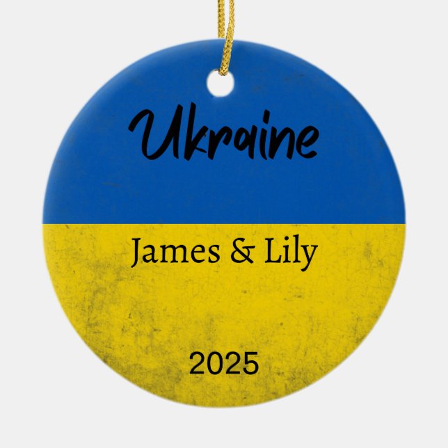 Ukraine Flag Ornament, Personalised Ukraine Ceramic Tree Decoration (Front)