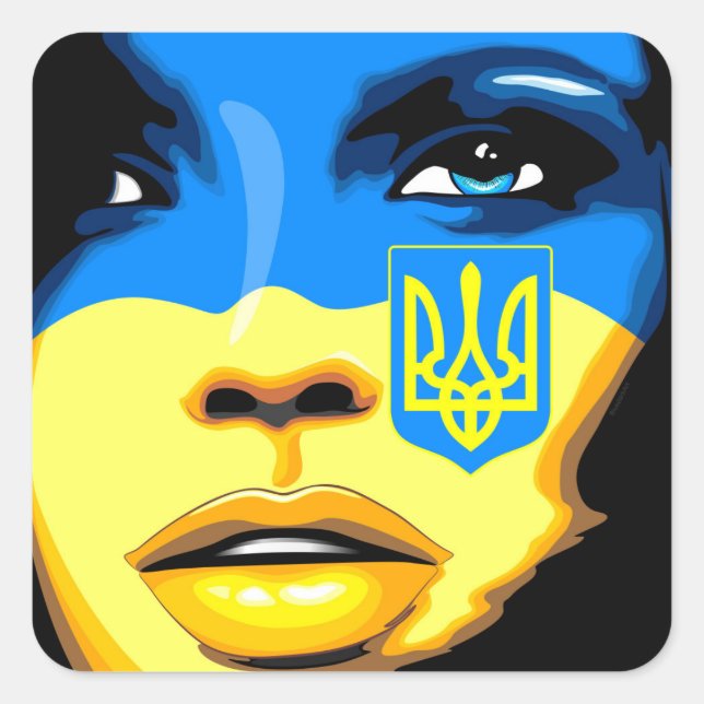 Ukraine Flag painted on Beautiful Girl Portrait  Square Sticker (Front)