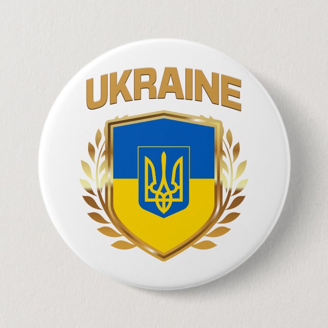 Ukraine Flag Shield & Emblem 7.5 Cm Round Badge (Front)