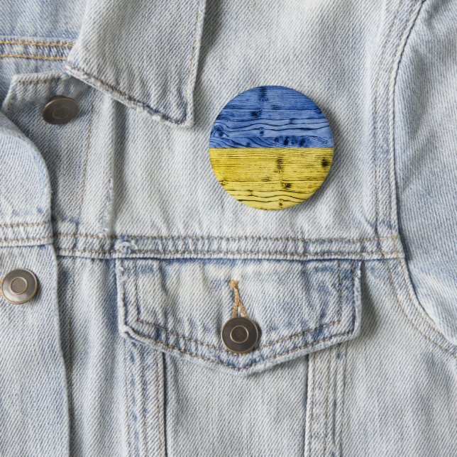 Ukraine flag yellow blue wood texture pattern 6 cm round badge (In Situ)