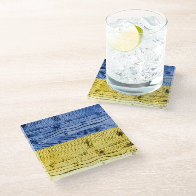 Ukraine flag yellow blue wood texture pattern glass coaster (Angled)