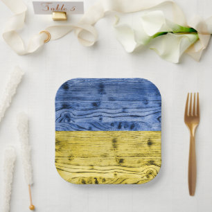 Ukraine flag yellow blue wood texture pattern paper plate