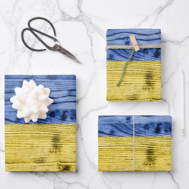 Ukraine flag yellow blue wood texture pattern wrapping paper sheet (Front)