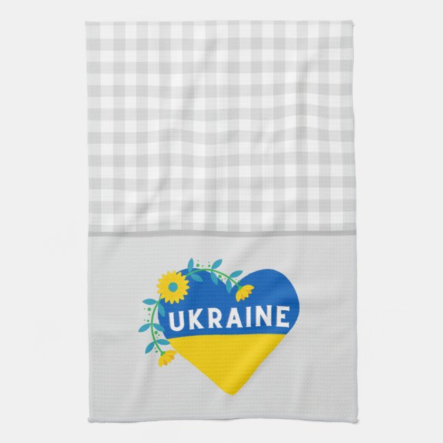 Ukraine Flower Heart Grey Gingham Tea Towel (Vertical)