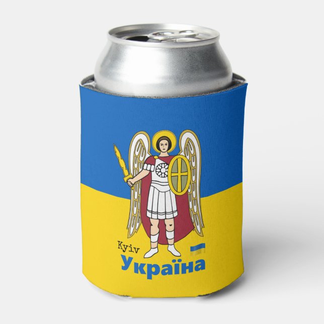 Ukraine & Kyiv City Coat of Arms, Ukrainian Flag Can Cooler (Can Front)