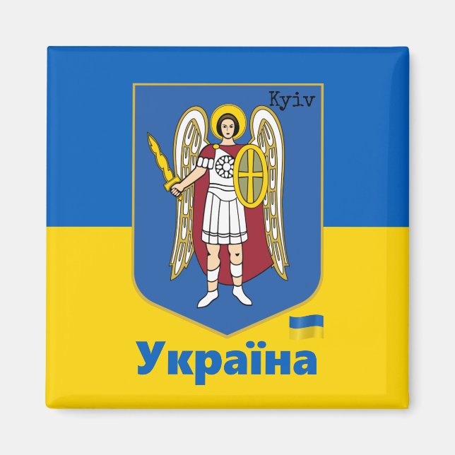 Ukraine & Kyiv City Coat of Arms, Ukrainian Flag M Magnet (Front)