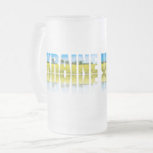 Ukraine label with blue sky and yellow field frosted glass beer mug
