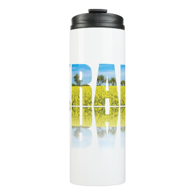 Ukraine label with blue sky and yellow field thermal tumbler (Front)