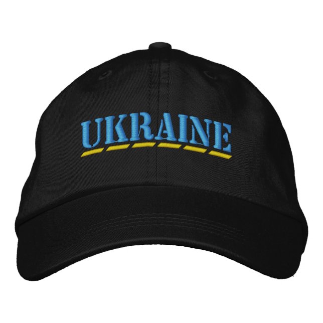UKRAINE Light Blue Yellow Stencil Style Font Black Embroidered Hat (Front)