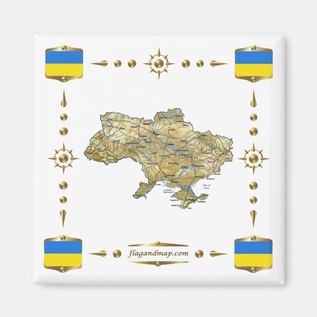Ukraine Map + Flags Magnet (Front)