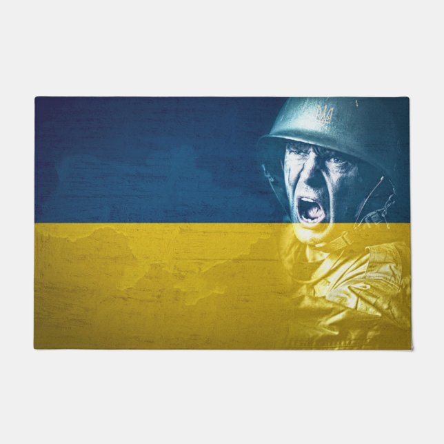 Ukraine Peace Soldier at War Floor Mat (Front)