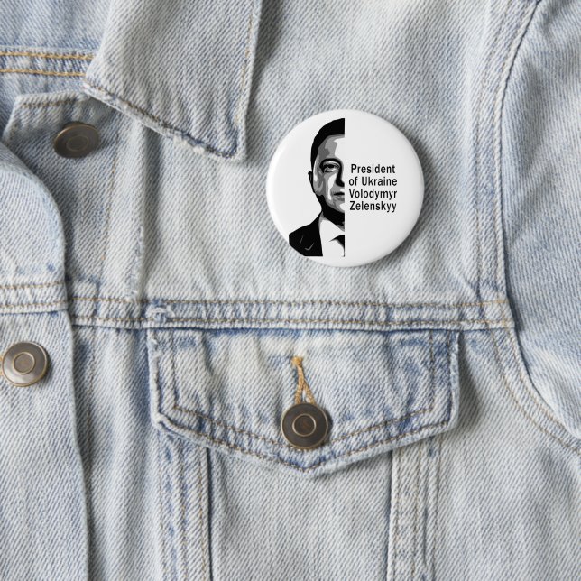 Ukraine President Zelenskyy Half Portrait B&W 6 Cm Round Badge (In Situ)