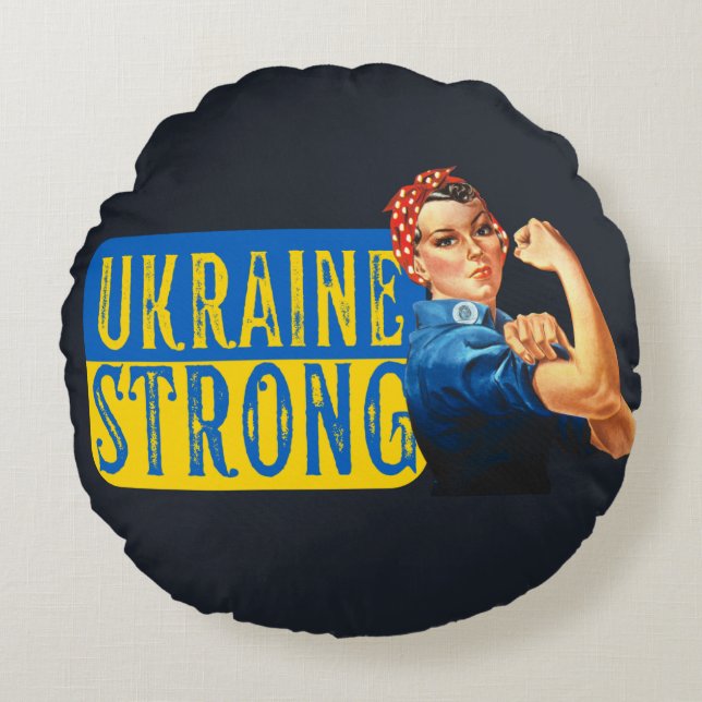 Ukraine Strong Rosie the Riveter   Round Cushion (Front)