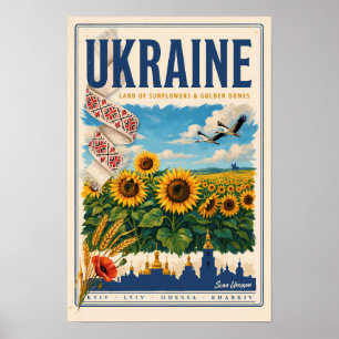Ukraine Sunflower Golden Dome Illustration Travel Poster
