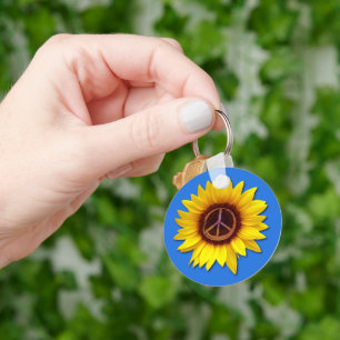 Ukraine Sunflower Peace Symbol Sign Anti-War Love Key Ring
