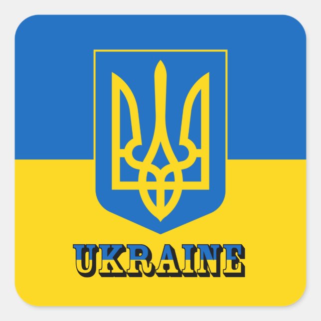 Ukraine, Tryzub, Ukrainian Flag / Coat of Arms Square Sticker (Front)