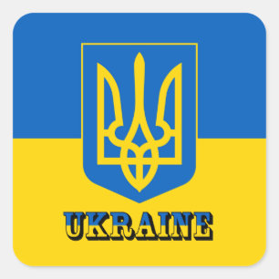 Ukraine, Tryzub, Ukrainian Flag / Coat of Arms Square Sticker