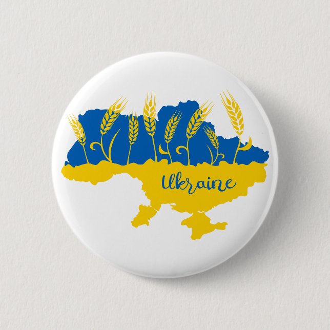 Ukraine typography and wheat ear on Ukrainian flag 6 Cm Round Badge (Front)
