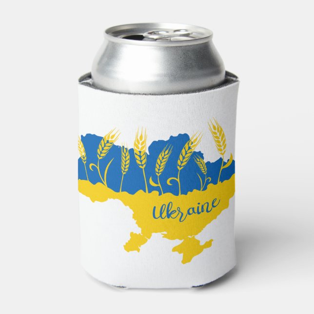 Ukraine typography and wheat ear on Ukrainian flag Can Cooler (Can Front)