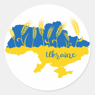 Ukraine typography and wheat ear on Ukrainian flag Classic Round Sticker