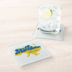 Ukraine typography and wheat ear on Ukrainian flag Glass Coaster