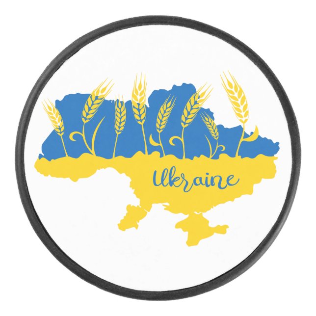 Ukraine typography and wheat ear on Ukrainian flag Hockey Puck (Front)