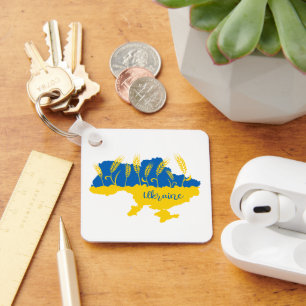 Ukraine typography and wheat ear on Ukrainian flag Key Ring