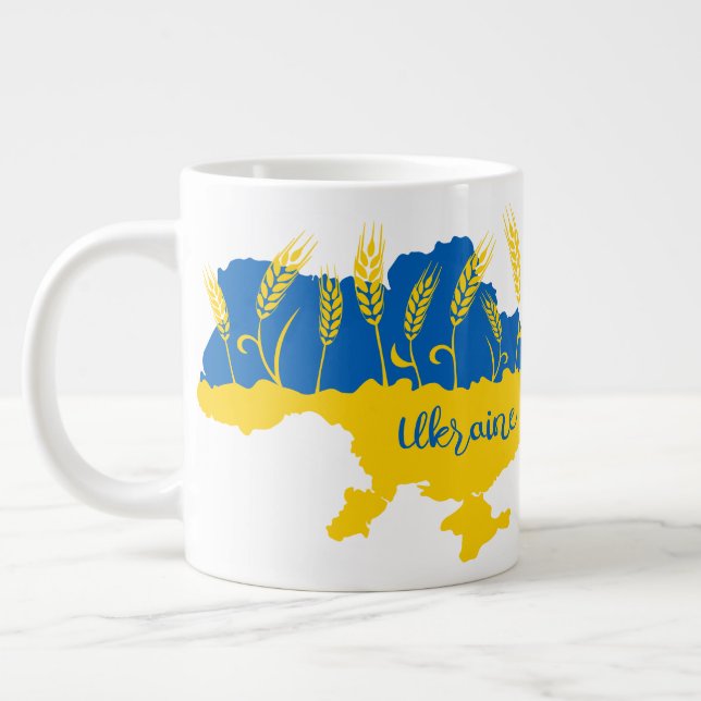 Ukraine typography and wheat ear on Ukrainian flag Large Coffee Mug (Left)