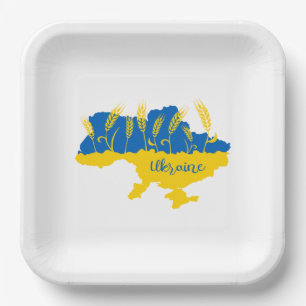 Ukraine typography and wheat ear on Ukrainian flag Paper Plate