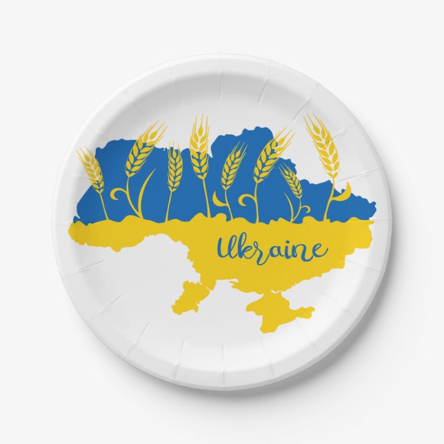 Ukraine typography and wheat ear on Ukrainian flag Paper Plate (Front)