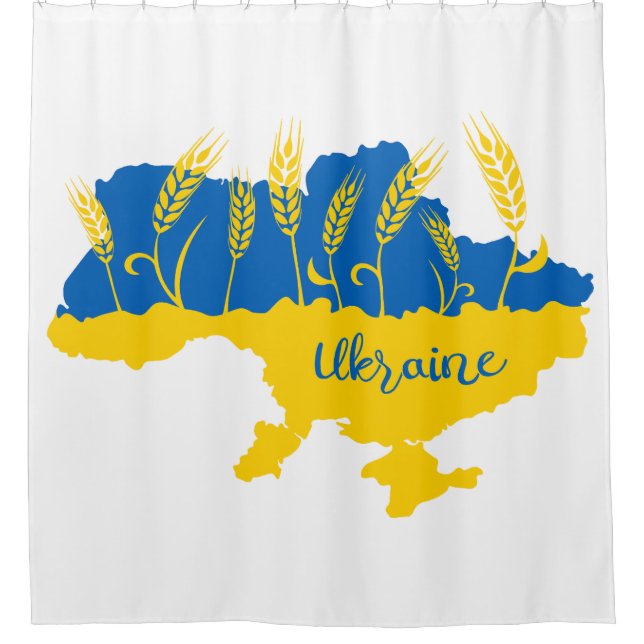Ukraine typography and wheat ear on Ukrainian flag Shower Curtain (Front)