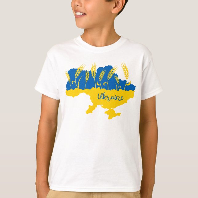 Ukraine typography and wheat ear on Ukrainian flag T-Shirt (Front)