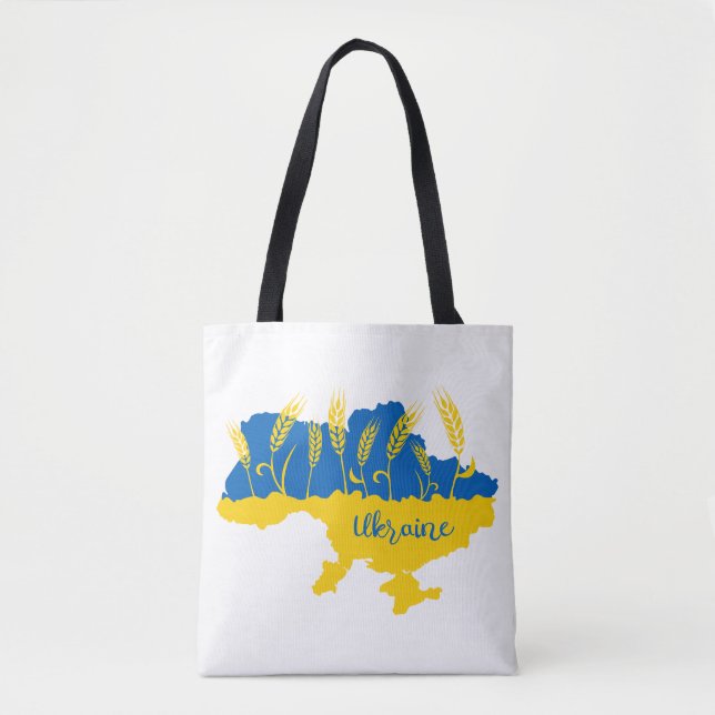 Ukraine typography and wheat ear on Ukrainian flag Tote Bag (Front)