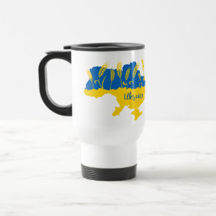 Ukraine typography and wheat ear on Ukrainian flag Travel Mug