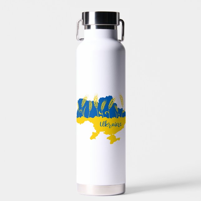 Ukraine typography and wheat ear on Ukrainian flag Water Bottle (Front)