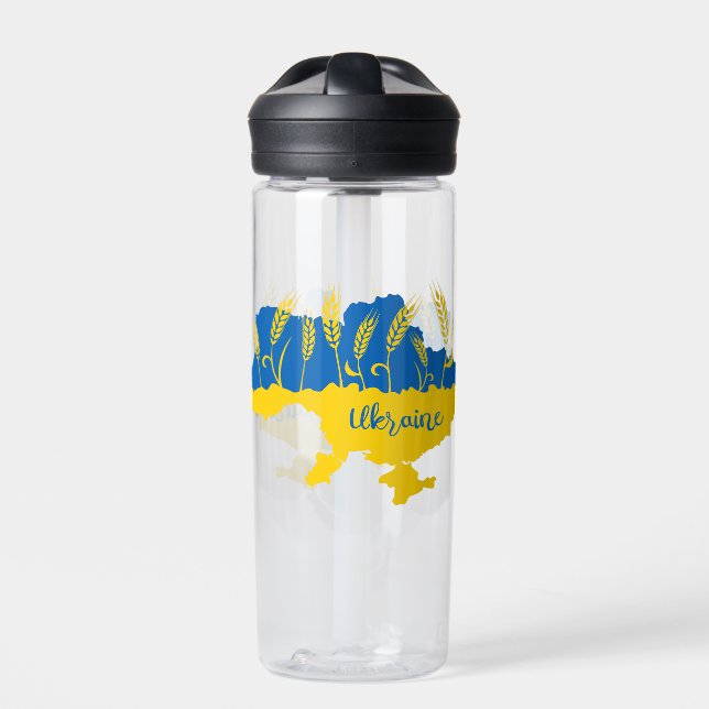 Ukraine typography and wheat ear on Ukrainian flag Water Bottle (Front)