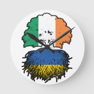 Ukraine Ukrainian Irish Ireland Tree Roots Flag Round Clock