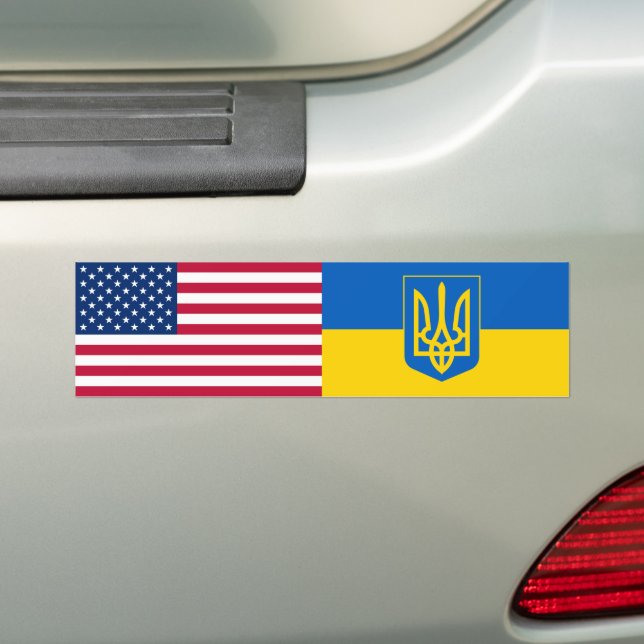 Ukraine USA American Flag Trident Ukrainian  Bumper Sticker (On Car)