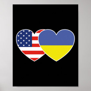 Ukraine Usa Flag Twin Heart T Shirt For Ukrainian  Poster