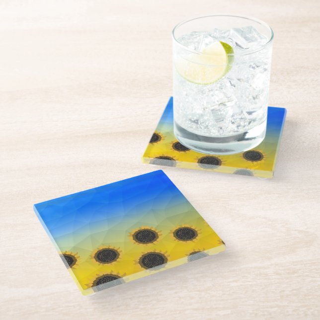 Ukraine yellow blue geometry mesh pattern Flowers Glass Coaster (Angled)
