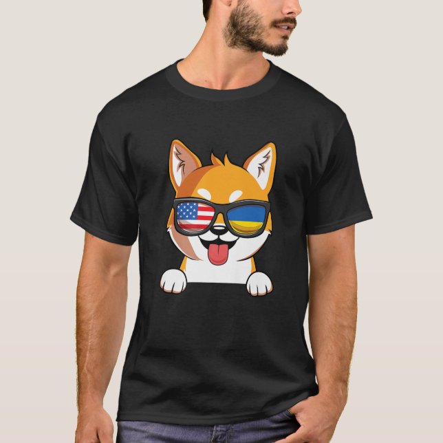 Ukrainian American Shiba Inu Dog Ukraine USA Flag T-Shirt (Front)
