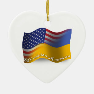 Ukrainian-American Waving Flag Ceramic Tree Decoration