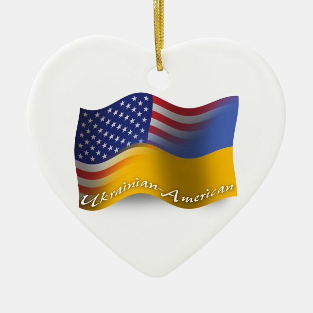 Ukrainian-American Waving Flag Ceramic Tree Decoration (Front)