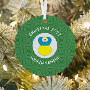Ukrainian Angel Christmas Flag Personalised Text  Metal Tree Decoration