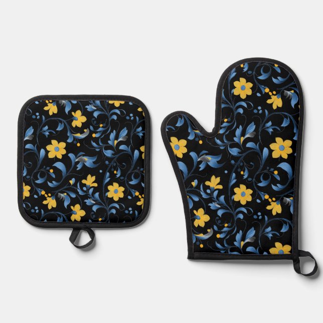 Ukrainian art motifs  oven mitt & pot holder set (Front)