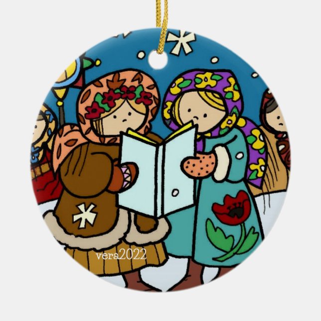 Ukrainian Christmas Carollers Folk Art Ceramic Tree Decoration (Front)