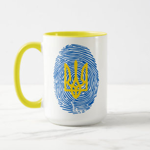 Ukrainian coat of arms on fingerprint background mug