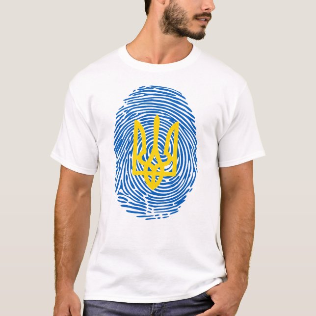 Ukrainian coat of arms on fingerprint background T-Shirt (Front)