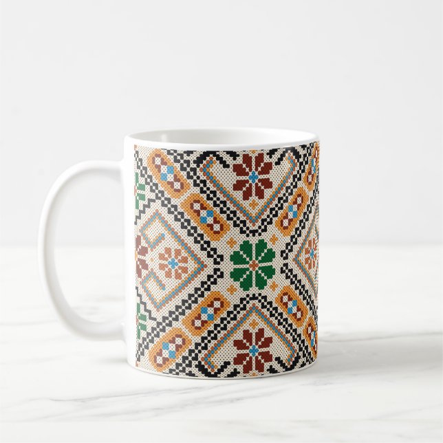 Ukrainian Cross-Stitch: Ethnic Handmade Pattern. Coffee Mug (Left)