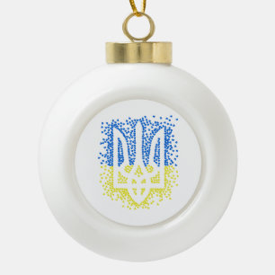 Ukrainian emblem trident tryzub scattering hearts ceramic ball christmas ornament